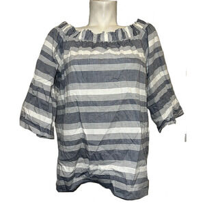 TAHARI Top Women's Size L Blue White Stripe Off The Shoulder Cotton Blouse Shirt